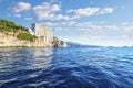 View from the Mediterranean sea of the Monaco Aquarium Oceanographic Museum of marine sciences in Monaco-Ville, Monaco