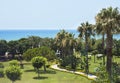 View of the Mediterranean Sea, palms and green park