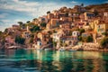 A view of a Mediterranean town from the sea. Created with Generative AI