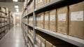 View of medium shot museum storage aisle featuring highdensity shelves with boxed collections focusing on a single shelf Royalty Free Stock Photo