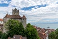 View of Meersburg on Lake Constance with the historic old castle and a passenger boat Royalty Free Stock Photo