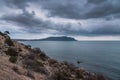 View on Meganom Cape from Cape Alchak in cloudy weather. Crimea