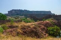 View of Mehrangarh fort from Rao Jodha desert rock park, Jodhpur, India.