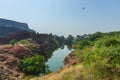 View of Mehrangarh fort from Rao Jodha desert rock park, Jodhpur, India. Desert rocks in foreground and Mehrangarh fort in the