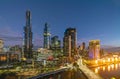 View of Melbourne CBD at night with fire show at Crown Casino