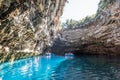 Rowing boat in the Melissani Cave of the nymphs in Kefalonia, Greece Royalty Free Stock Photo