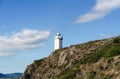 View of Mera lighthouse on a cliff on the atlantic coast of Spain in La CoruÃÂ±a. Sky with clouds and sun facing Royalty Free Stock Photo