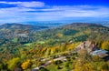 View of the Merkur restaurant and the Rhine Valley near Baden Baden, Baden Wuerttemberg, Germany