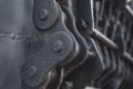 View of the metal chain of the mechanical unit of an old steam locomotive closeup Royalty Free Stock Photo