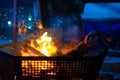 A view of metal mesh, a night barbecue, in which a person moves a burning firewood with a bright flame