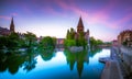 View of Metz with Temple Neuf reflected in the Moselle River, Lorraine. Royalty Free Stock Photo