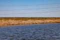 A view from the middle of the lake on the water in which spring dried yellow reeds are reflected under a clear blue sky without Royalty Free Stock Photo