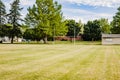 View from the midfield of a youth football field in a city park