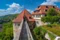 View of the mighty corner tower of HohentÃÂ¼bingen Castle, TÃÂ¼bingen. Baden Wuerttemberg, Germany, Europe