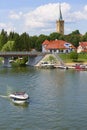 View from MikoÃâajskie Lake of town, marina for yachts and boats at the waterfront, Mikolajki, Masuria, Poland