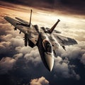 View of military fighter jet maneuvers over the beautiful clouds Royalty Free Stock Photo