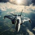 View of military fighter jet maneuvers over the beautiful clouds Royalty Free Stock Photo