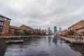 The view of Millwall Outer Dock with Canary Wharf in the Background Royalty Free Stock Photo