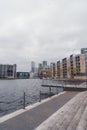 The view of Millwall Outer Dock with Canary Wharf in the Background Royalty Free Stock Photo