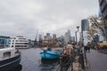 The view of Millwall Outer Dock with Canary Wharf in the Background Royalty Free Stock Photo