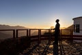 View of Mirador de Unamuno observation deck with the statue at sunset. Artenara, Gran Canaria.