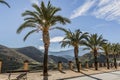 View of the Mirador NiÃÂ±a de Antequera with sidewalk with benches a small fence with metal bars, brick poles and palm trees Royalty Free Stock Photo