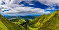 View from Miradouro da Boca do Inferno to Sete Citades, Azores, Portugal. A path leading to viewpoint Miradouro da Boca do Inferno Royalty Free Stock Photo