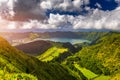 View from Miradouro da Boca do Inferno to Sete Citades, Azores, Portugal. A path leading to viewpoint Miradouro da Boca do Inferno Royalty Free Stock Photo