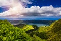 View from Miradouro da Boca do Inferno to Sete Citades, Azores, Portugal. A path leading to viewpoint Miradouro da Boca do Inferno Royalty Free Stock Photo