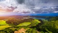 View from Miradouro da Boca do Inferno to Sete Citades, Azores, Portugal. A path leading to viewpoint Miradouro da Boca do Inferno Royalty Free Stock Photo