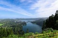 The view from the Miradouro da Vista do Rei viewpoint over Sete Cidades lakes in the Sao Miguel island in the Azores Royalty Free Stock Photo