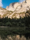 View of the Mirror Lake in front of Half Dome Peak, Yosemite National Park. It is a well-known rock formation in the park, named Royalty Free Stock Photo