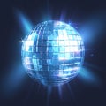 view Mirrored spinning blue disco ball for 80s, 90s luminous background Royalty Free Stock Photo