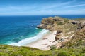 View at misty beach next to cape mountain