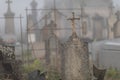 View of the misty graveyard. Lowyat cemetery, city of Limoges, France