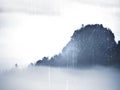 View into misty valley. High trees and rocky peaks increased from thick fog. The first sun rays create outlin