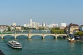 A view of the Mittlere Brucke Bridge from 1226 and the Rhine River from the Pfalz lookout. Basel, Switzerland, Europe