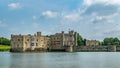 View of a moated medieval castle