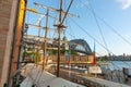 View through mock ships rigging to Hyatt Hotel and Sydney Harbour Bridge