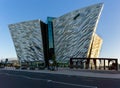 View of the modern aluminium and steel Titanic Museum in the old dockyards of downtown Belfast in mornign light