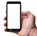 Close up of male hand holding cellphone blank screen
