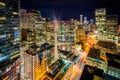 View of modern buildings along Simcoe Street at night, in the Financial District of Toronto, Ontario. Royalty Free Stock Photo