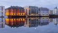 View of the modern buildings on Stransiden harbor at night, Bergen, Norway Royalty Free Stock Photo