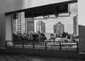 Modern city in black and white. Street view of city buildings in downtown Burnaby, shopping centre Metrotown area Royalty Free Stock Photo