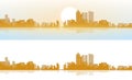 View of the modern daytime city. The brightening light of the sun. Sunrise, dawn. Horizon lines. Vector illustration in