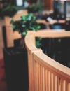 View of modern food court food hall interior in the big shopping mall, different fast food cafes and restaurants with wooden and Royalty Free Stock Photo