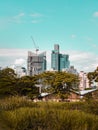 View of Modern high buildings among green trees space in nature against blue sky with clouds at afternoon Royalty Free Stock Photo