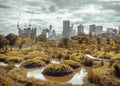 View of Modern high buildings among green trees space in nature park against blue sky with clouds at afternoon Royalty Free Stock Photo