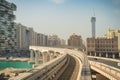 View from modern monorail train moving to Palm Jumeirah, Dubai, UAE Royalty Free Stock Photo