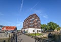 View on modern and old hotels and Curonian Lagoon, city center of Klaipeda, Lithuania. Old town and port of Klaipeda. Old Mill